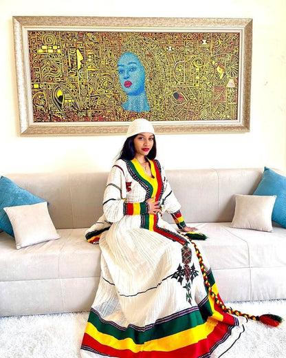 Majestic Fetil Flag Habesha Kemis with Shimena and Tilf, Habesha dress, Eritrean dress, Zuria, ሀበሻ