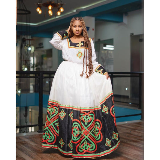 Majestic Tilf Habesha Kemis with black Shimena Detailing, Habesha Kemis, Eritrean dress, ሀበሻ