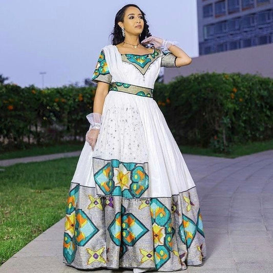 Enchanting Tilf Habesha Kemis with Shimena and Beads, Habesha Kemis, Eritrean dress, ሀበሻ