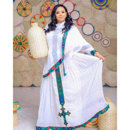 Exquisite Tilf Habesha Kemis with Shimena Bottom and Menen Fabric, Habesha dress, Eritrean dress, ሀበሻ