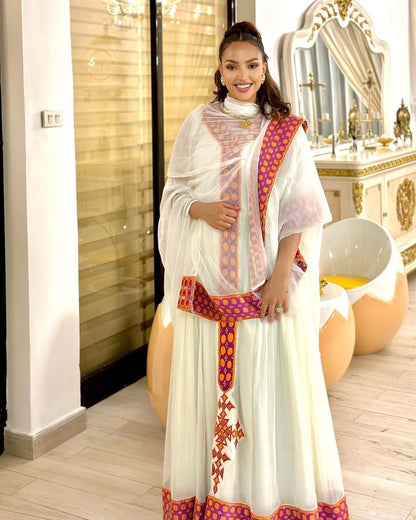 A Gorgeous Habesha Dress with Menen Fabric, Shimena Dress, and Unique Pattern Tilf Design, habesha libs, habesha kemis, ሀበሻ