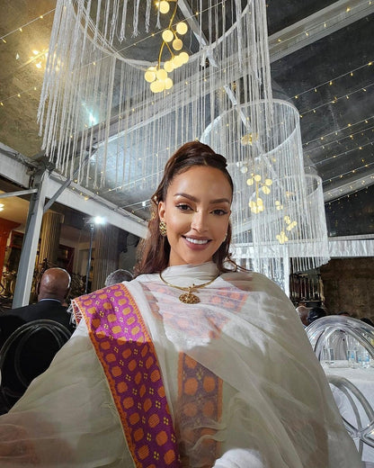 A Gorgeous Habesha Dress with Menen Fabric, Shimena Dress, and Unique Pattern Tilf Design, habesha libs, habesha kemis, ሀበሻ