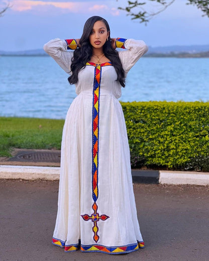 The Simple Shimena Habesha Dress with Tilf Accents and Menen Fabric, habesha libs, habesha kemis, ሀበሻ
