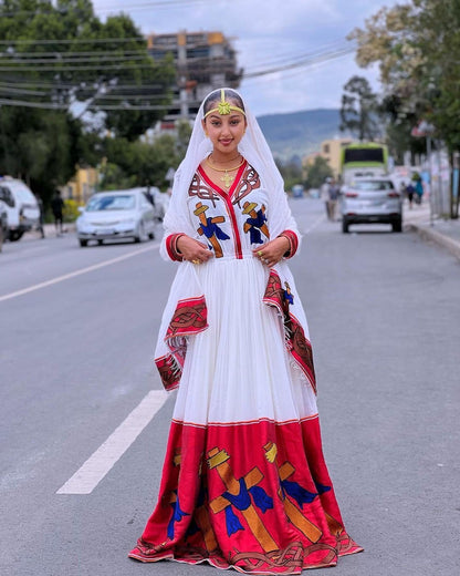 Colorful Shimena Habesha Dress with Tilf Accents and Menen Fabric, habesha libs, habesha kemis, ሀበሻ