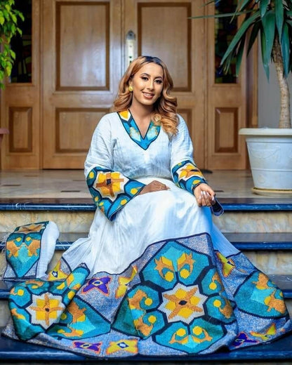 Exquisite Habesha Kemis with Menen Fabric, Shimena Dress, and Stunning Tilf Design, Habesha dress, Eritrean dress, ሀበሻ