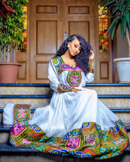 Magnificent Habesha Kemis with Menen Fabric, Shimena Dress, and Beautiful Tilf Design for Any Occasion, Habesha dress, Eritrean dress, ሀበሻ