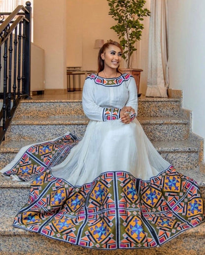 Regal Habesha Kemis with Menen Fabric, Shimena Dress, and Detailed Tilf Pattern Design, Habesha dress, Eritrean dress, ሀበሻ