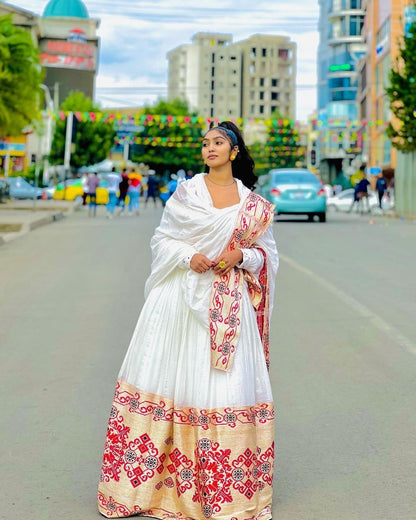 Majestic Habesha Kemis with Menen Fabric, Shimena Dress, and Exquisite Tilf Design, Habesha dress, Eritrean dress, ሀበሻ