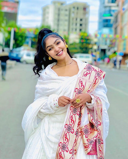 Majestic Habesha Kemis with Menen Fabric, Shimena Dress, and Exquisite Tilf Design, Habesha dress, Eritrean dress, ሀበሻ