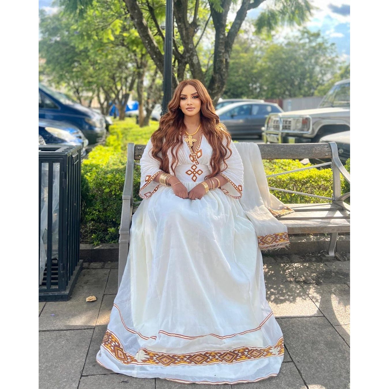 Chic Habesha Kemis with Menen Fabric, Shimena Dress, and Modern Brown Tilf Design, Habesha dress, Eritrean dress, ሀበሻ