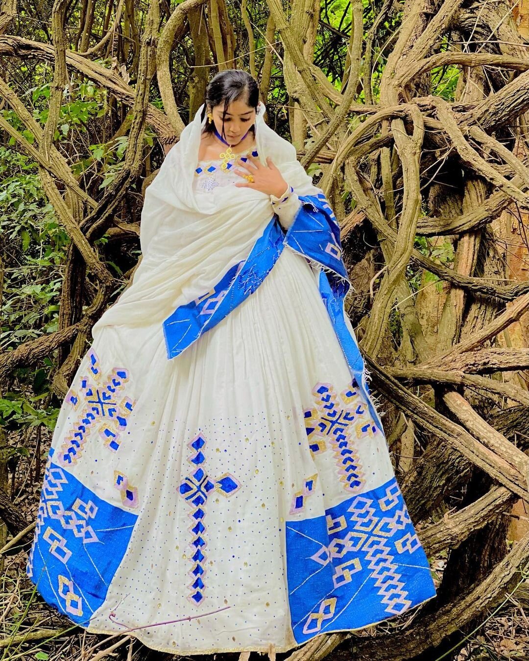 Stunning Habesha Kemis with Menen Fabric and Blue Design, Habesha dress, Eritrean dress, ሀበሻ