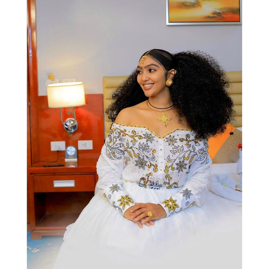 Elegant Habesha Kemis with Menen Fabric and Exquisite Tilf Design, Habesha dress, Eritrean dress, ሀበሻ