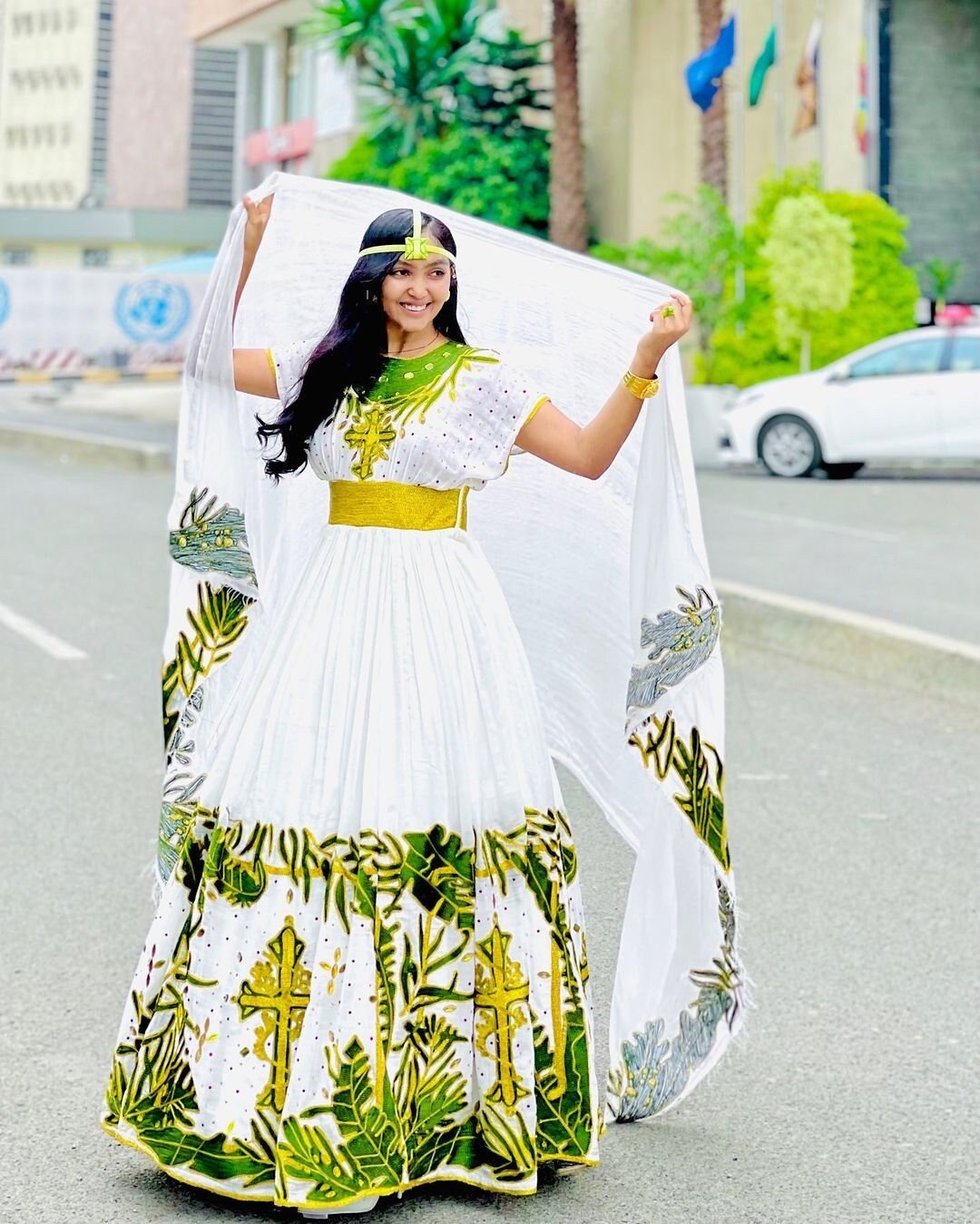 Verdant Menen Habesha Kemis with Stunning Green Tilf Design, Habesha dress, Eritrean dress, ሀበሻ