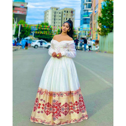 Majestic Habesha Kemis with Menen Fabric, Shimena Dress, and Exquisite Tilf Design, Habesha dress, Eritrean dress, ሀበሻ