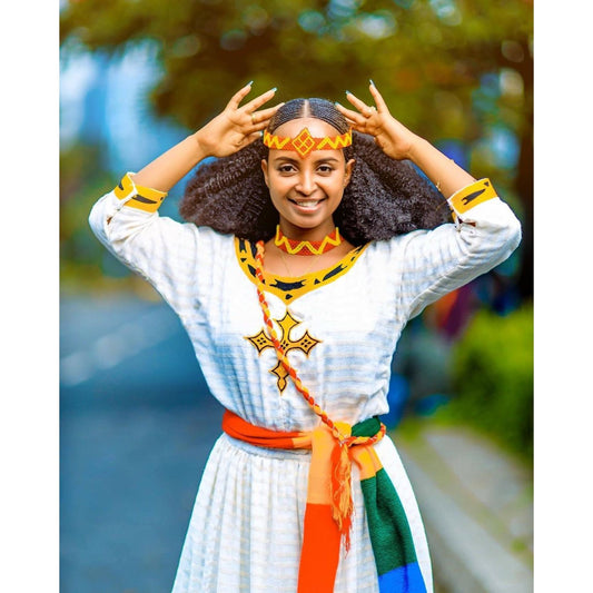 Elegant Habesha Kemis with Riga Material and Tilf Design ,Habesha dress, Eritrean dress, ሀበሻ