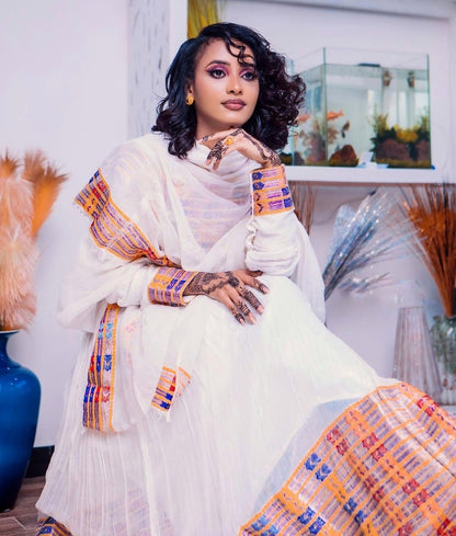 Radiant Habesha Kemis with a Stunning Tilf Dress and Tilet Bottom ,Habesha dress, Eritrean dress, ሀበሻ