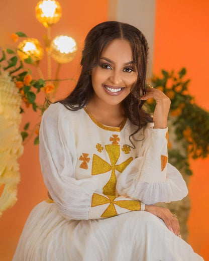 Majestic Habesha Kemis with a Vibrant Tilf Design and a Mix of Menen Fabric and Fetil , Simple Habesha Dress, Summer Dress, Vacation, ሀበሻ