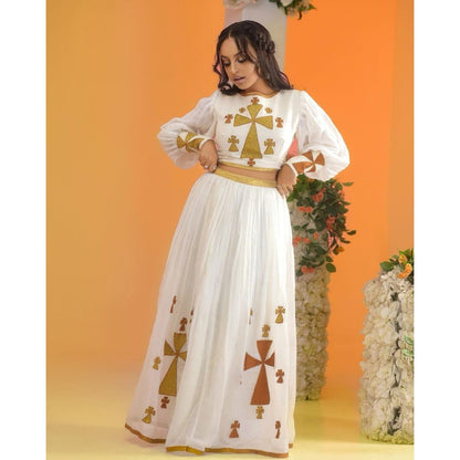 Majestic Habesha Kemis with a Vibrant Tilf Design and a Mix of Menen Fabric and Fetil , Simple Habesha Dress, Summer Dress, Vacation, ሀበሻ