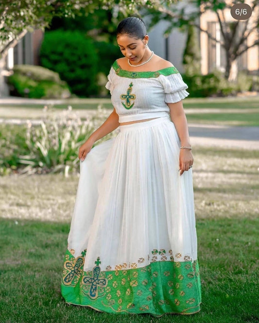 Green tilf Habesha Kemis modern Ethiopian Habesha Dress Zuria Handwoven Traditional Ethiopian Dress ሀበሻ ቀሚስ ሀበሻ ልብስ