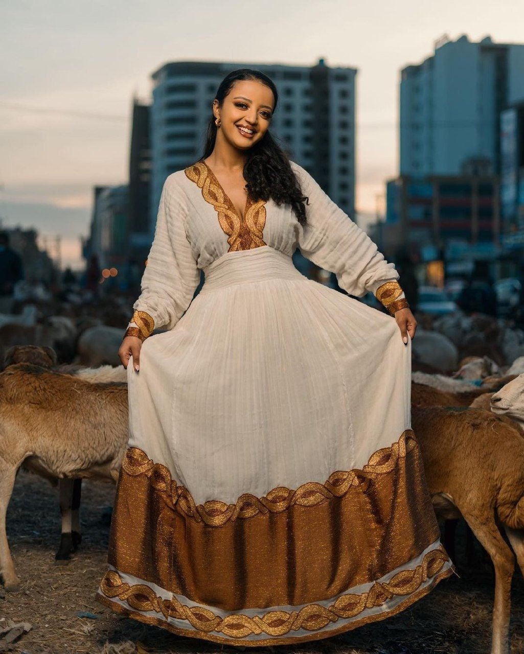 Golden Brown Shimena Beauty: A Gorgeous Habesha Dress with Menen Fabric and Tilf Chain Design, Habesha Kemis, Eritrean dress, ሀበሻ