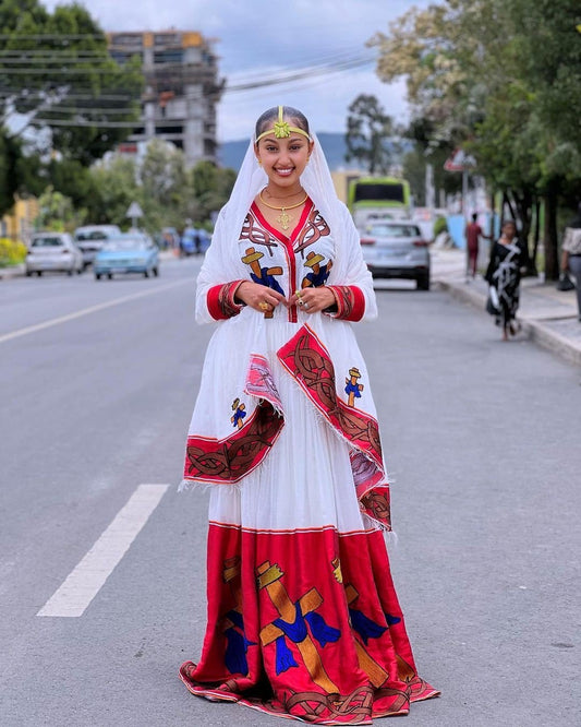 Colorful Shimena Habesha Dress with Tilf Accents and Menen Fabric, habesha libs, habesha kemis, ሀበሻ