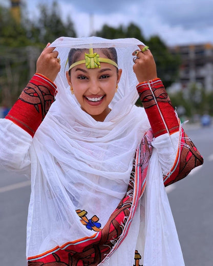 Colorful Shimena Habesha Dress with Tilf Accents and Menen Fabric, habesha libs, habesha kemis, ሀበሻ