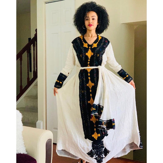 Regal Axum Fetil Handwoven Black and Gold design Habesha Dress, Zuria, Habesha libs, Habesha kemis, ሀበሻ
