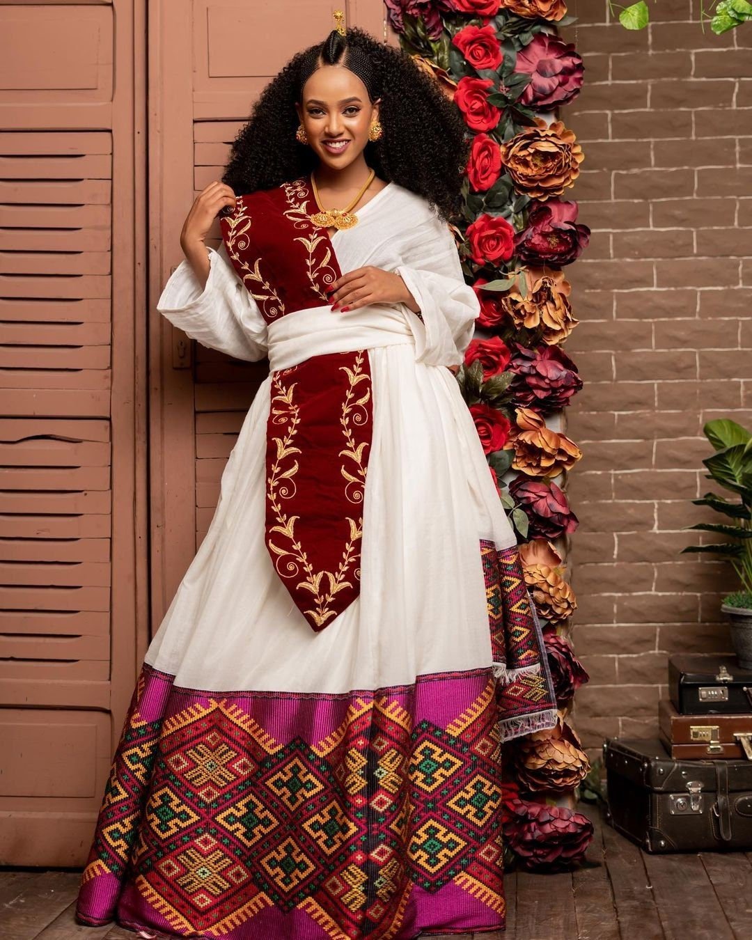 Elegant in Red: A Handwoven Shimena Dress in Menen Fabric with Gorgeous Red Design, Habesha Kemis, Eritrean dress, ሀበሻ