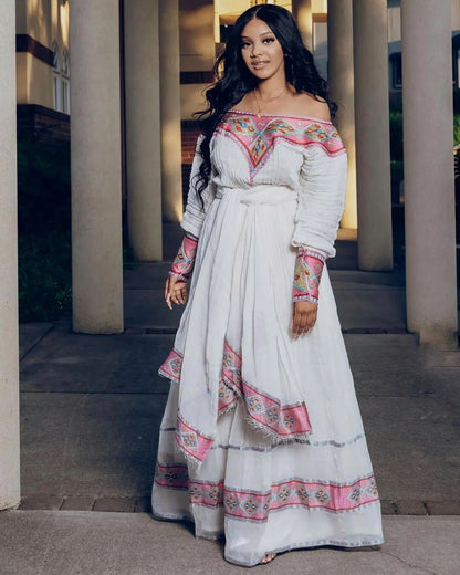 Pink tilf Ethiopian Habesha Dress Habesha Kemis modern Zuria Handwoven Traditional Ethiopian Dress ሀበሻ ቀሚስ ሀበሻ ልብስ