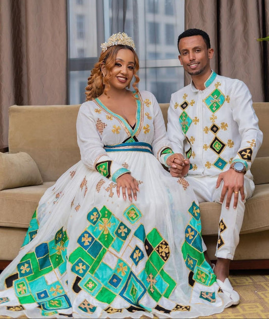 Couples' Wedding Cloth Habesha Wedding Dress Couples' Habesha Cloth Habesha Kemis Zuria Habesha Cloth for Couples ሀበሻ ቀሚስ ሀበሻ ልብስ