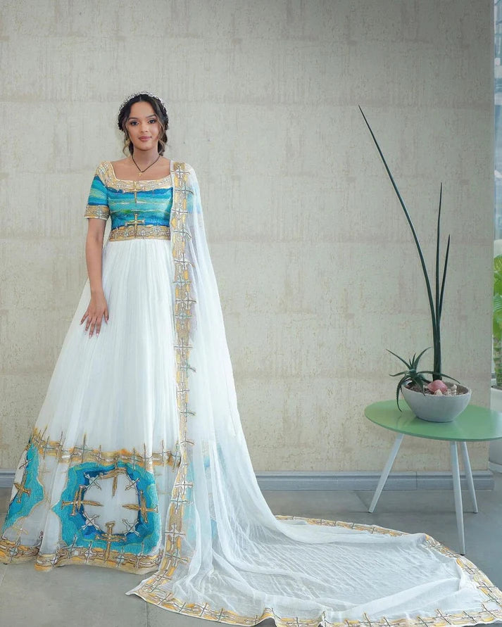 Charming Blue Traditional Ethiopian Wedding Dress