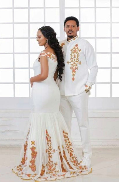 Beautiful Wedding Outfit Couples' Wedding Cloth Habesha Couples' Wedding Dress Zuria Habesha Cloth for Couples ሀበሻ ቀሚስ ሀበሻ ልብስ