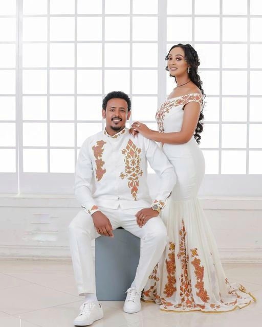 Beautiful Wedding Outfit Couples' Wedding Cloth Habesha Couples' Wedding Dress Zuria Habesha Cloth for Couples ሀበሻ ቀሚስ ሀበሻ ልብስ