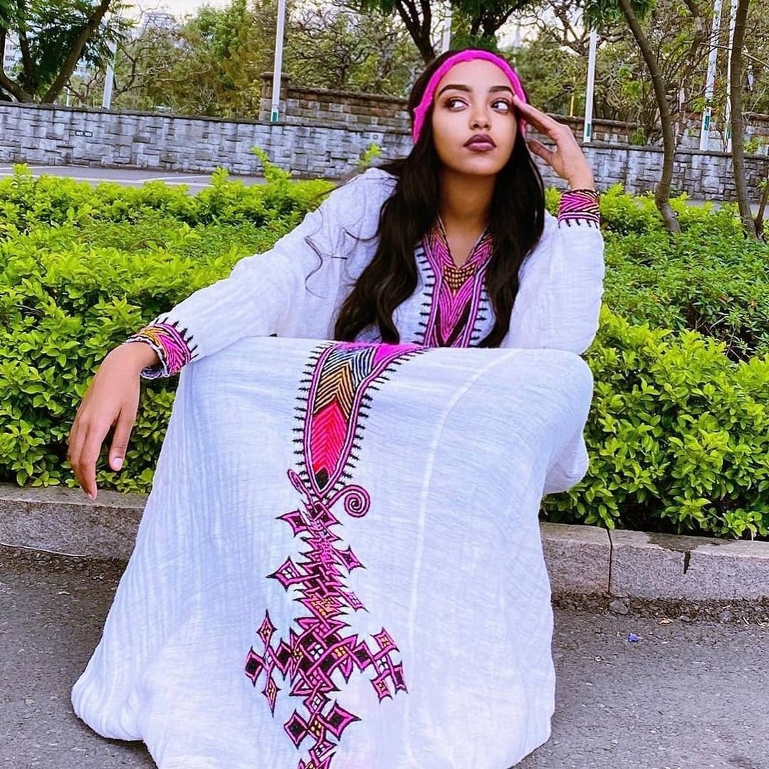 Handwoven Habesha Dress Light pink Habesha Kemis Modern Habesha Libs Eritrean Dress ሀበሻ ቀሚስ ሀበሻ ልብስ