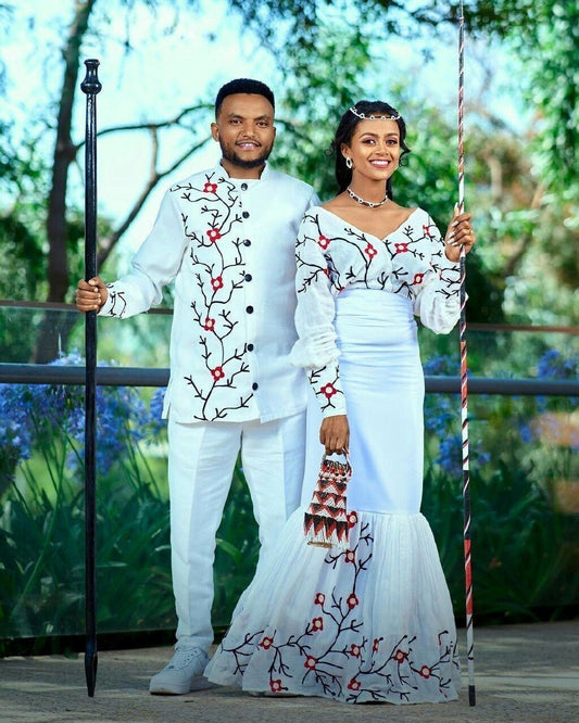 Modern Oromo Couples' Outfit With Accessories Wedding Oromo Dress Design ሀበሻ ቀሚስ ሀበሻ ልብስ