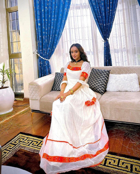 Handwoven Orange Design Habesha Dress Design Habesha Kemis Design ሀበሻ ቀሚስ ሀበሻ ልብስ