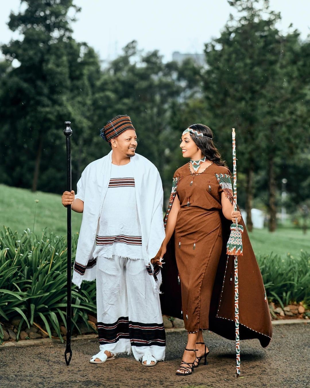 Cultural Oromo Couples' Outfit With Accessories Brown Oromo Dress ሀበሻ ቀሚስ ሀበሻ ልብስ