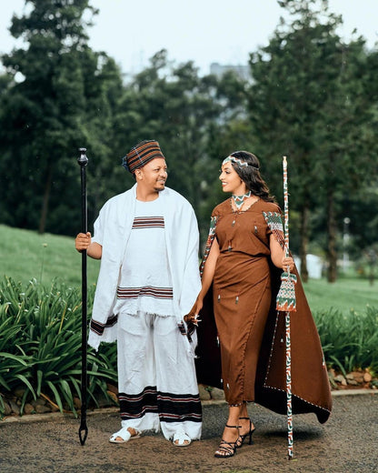 Cultural Oromo Couples' Outfit With Accessories Brown Oromo Dress ሀበሻ ቀሚስ ሀበሻ ልብስ