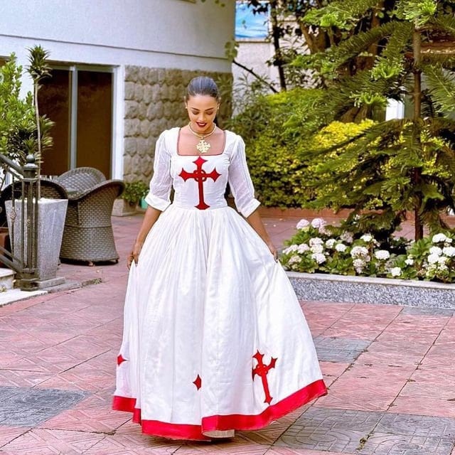 Regal red cross habesha dress design red tilf habesha kemis Eritrean dress