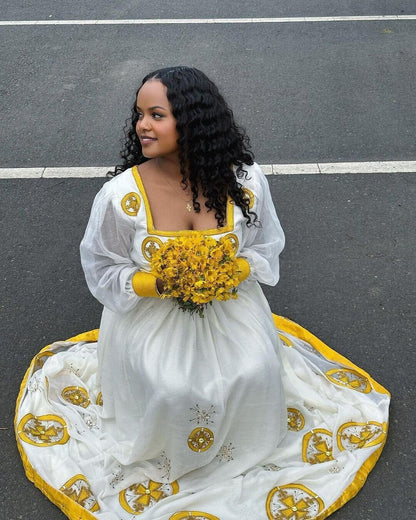 Modern habesha dress Yellow design Ethiopian dress for new year's