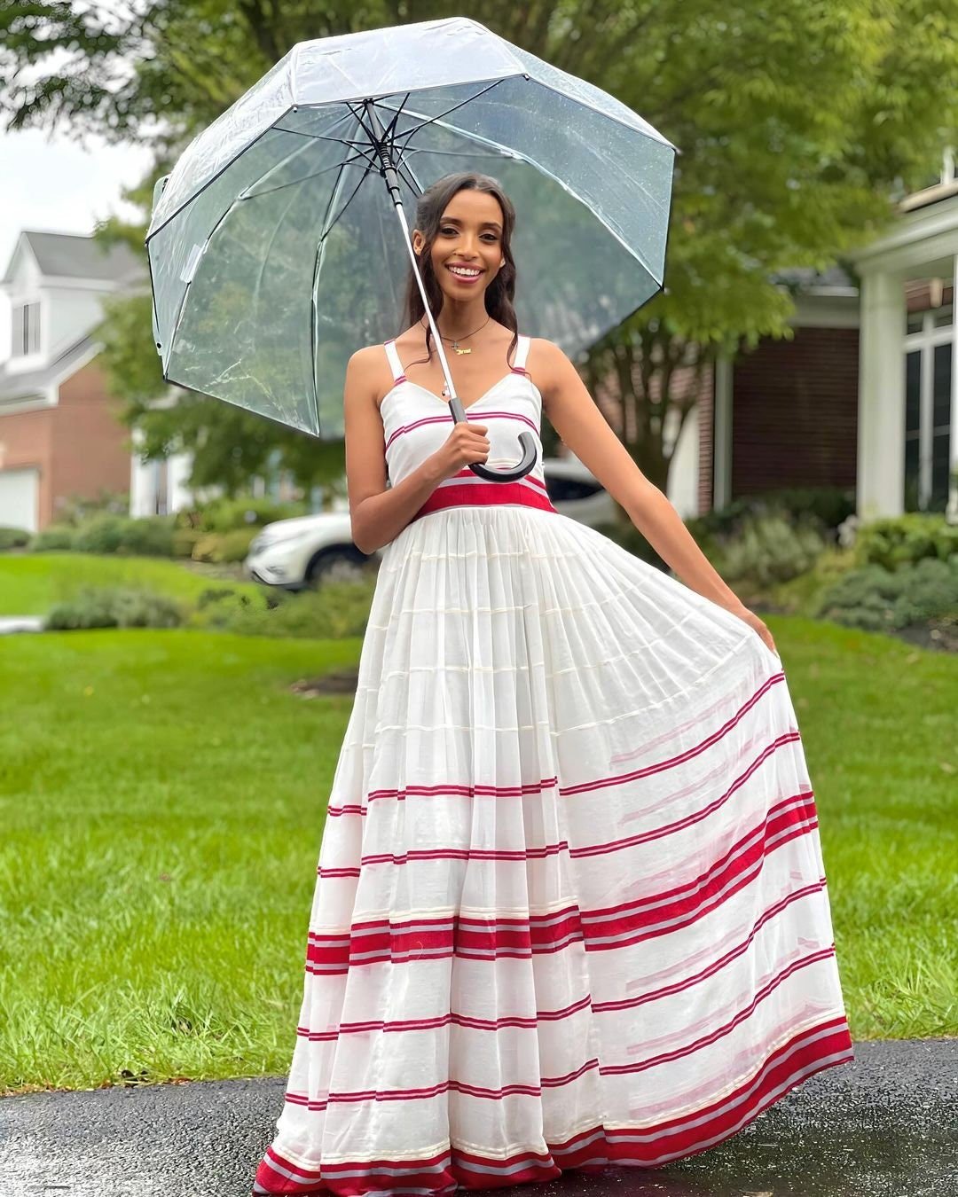 Summer Elegance White Dress with Pink Stripes Habesha Libs es0082