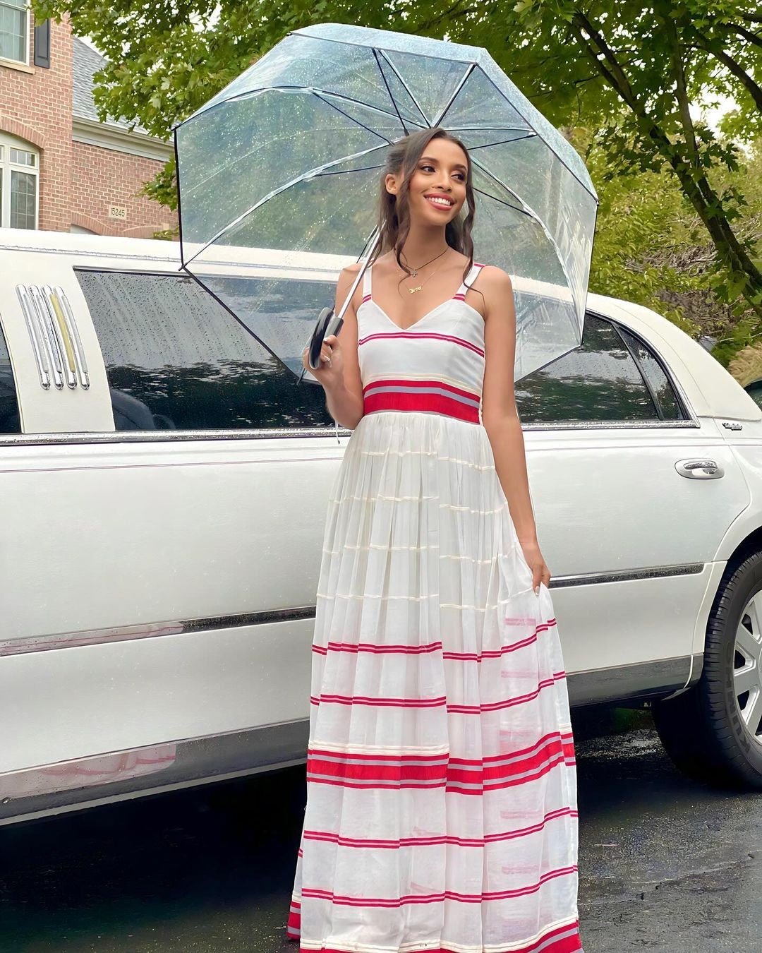 Summer Elegance White Dress with Pink Stripes Habesha Libs es0082