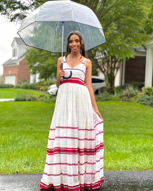 Summer Elegance White Dress with Pink Stripes Habesha Libs es0082