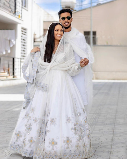 Handwoven Modern Habesha Couple's Outfit Habesha Dress ሀበሻ es00152