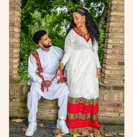 Timeless Red Design Handwoven Habesha Couples' Outfit Ethiopian dress ሀበሻ es00130