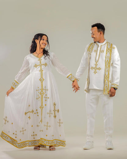 Golden Cross Design Habesha Couples Outfit for Weddings and Special Occasions