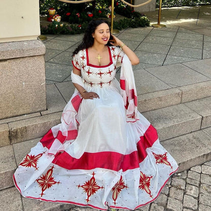 Ravishing in Red Habesha Kemis Vibrant Habesha Dress with Exquisite Handwoven Details