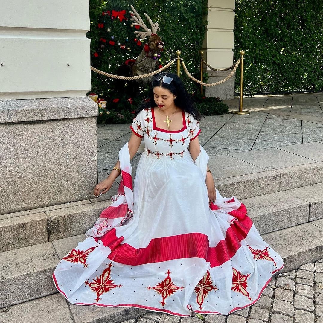 Ravishing in Red Habesha Kemis Vibrant Habesha Dress with Exquisite Handwoven Details