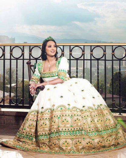 Enchanting Elegant Habesha Kemis Beaded Habesha Wedding Dress with Stunning Green and Multicolor Designs