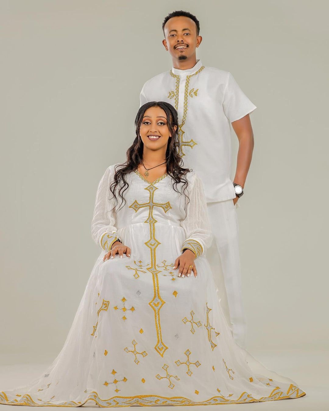 Golden Cross Design Habesha Couples Outfit for Weddings and Special Occasions